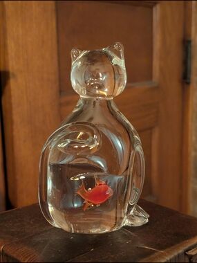Vintage Italian Murano Style Art Glass Cute! Cat With Goldfish in Stomach Adorab